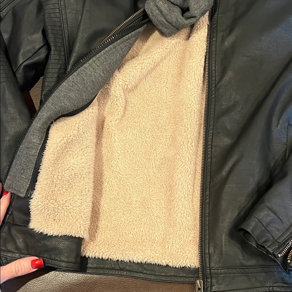 Boys size 18/20 Black Leather Jacket with Gray Hood(removable hood) - Picture 4 of 11